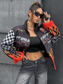 SHEIN ICON Women's Bikercore Fire & Letter Pattern Padded Coat, Long Sleeve, Streetwear Motorcycle Chic Commuter, Autumn/Winter - Multicolor - View 7