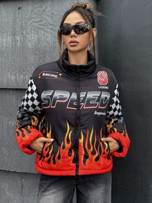 SHEIN ICON Women's Bikercore Fire & Letter Pattern Padded Coat, Long Sleeve, Streetwear Motorcycle Chic Commuter, Autumn/Winter - Multicolor - View 4
