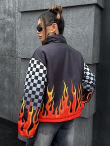 SHEIN ICON Women's Bikercore Fire & Letter Pattern Padded Coat, Long Sleeve, Streetwear Motorcycle Chic Commuter, Autumn/Winter - Multicolor - View 2