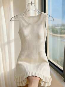 SHEIN Holidaya New Spring Dress Women Summer Elegant Cream White Ribbed Knit Mini Dress – Sleeveless Round Neck, Double Ruffle Hem, Bodycon Silhouette Vacation - Apricot - View 5