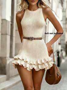 SHEIN Holidaya New Spring Dress Women Summer Elegant Cream White Ribbed Knit Mini Dress – Sleeveless Round Neck, Double Ruffle Hem, Bodycon Silhouette Vacation - Apricot - View 8