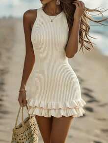 SHEIN Holidaya New Spring Dress Women Summer Elegant Cream White Ribbed Knit Mini Dress – Sleeveless Round Neck, Double Ruffle Hem, Bodycon Silhouette Vacation - Apricot - View 3