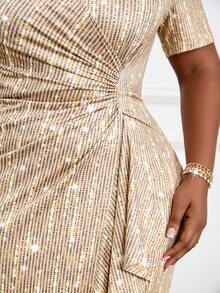 Fleurora Plus Size Women Gold Spring Elegant Party Dress,V Neck Rhinestone Ruffle Slim Knitted Formal Prom Wedding Guest Retro White Work Valentine's Day - Gold - View 8