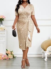 Fleurora Plus Size Women Gold Spring Elegant Party Dress,V Neck Rhinestone Ruffle Slim Knitted Formal Prom Wedding Guest Retro White Work Valentine's Day - Gold - View 6