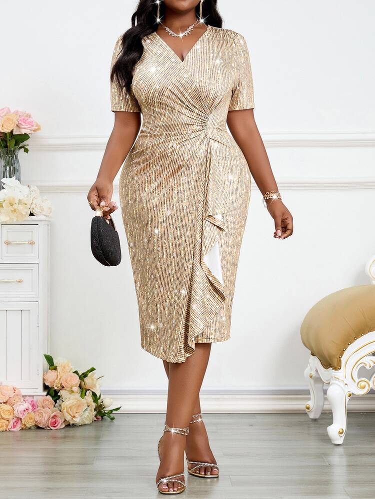 Fleurora Plus Size Women Gold Spring Elegant Party Dress,V Neck Rhinestone Ruffle Slim Knitted Formal Prom Wedding Guest Retro White Work Valentine's Day - Gold - View 6