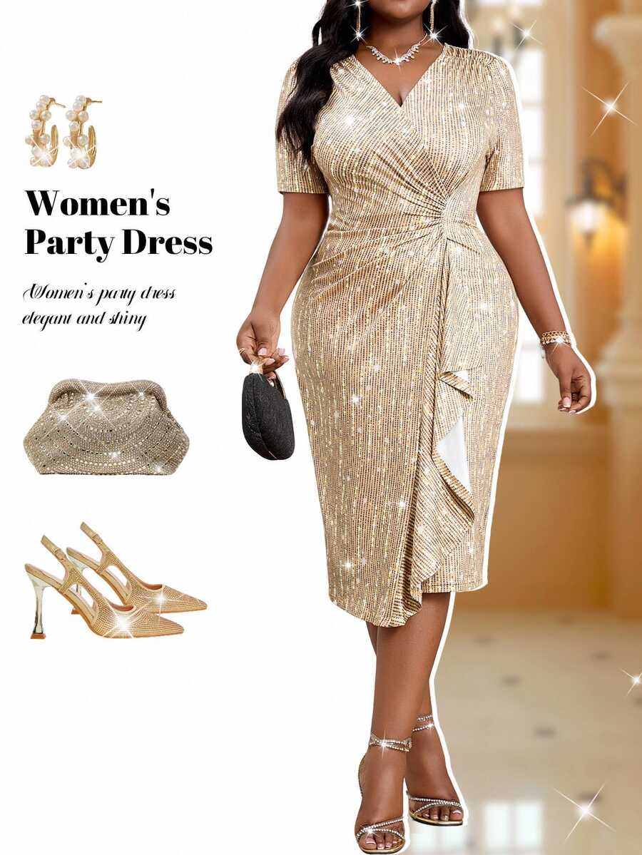 Fleurora Plus Size Women Gold Spring Elegant Party Dress,V Neck Rhinestone Ruffle Slim Knitted Formal Prom Wedding Guest Retro White Work Valentine's Day - Gold - View 1