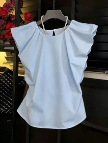 INAWLY 女士纯蓝色无袖时尚上衣 - 藍色 - 查看 1