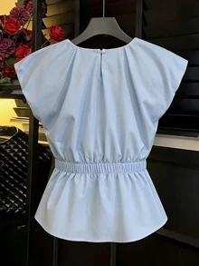 INAWLY 女士纯蓝色无袖时尚上衣 - 藍色 - 查看 2