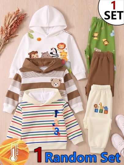 SHEIN Baby Boy Outfit, Lively Cute Animal & Number Pattern Contrast Stripe Print Hooded Long Sleeve Ribbed Sweatshirt With Matching Long Sweatpants