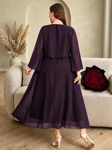 Modelyn Women's Waist-Cinching Minimalist Elegant Pearl Button Decorated Ruffle Long Sleeve Full Skirt Chiffon Flowy Party Dress - Purple - View 2
