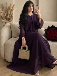 Modelyn Women's Waist-Cinching Minimalist Elegant Pearl Button Decorated Ruffle Long Sleeve Full Skirt Chiffon Flowy Party Dress - Purple - View 1