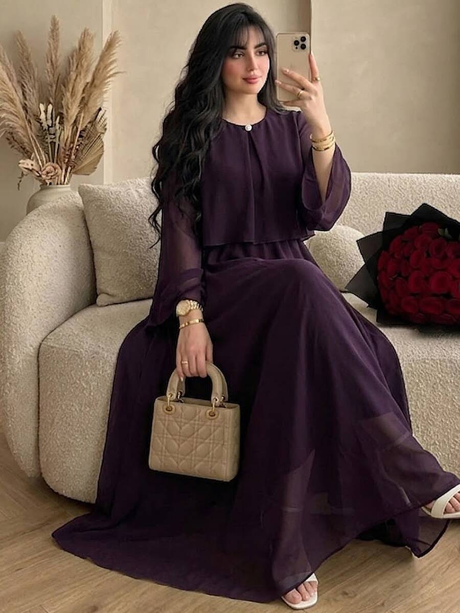 Modelyn Women's Waist-Cinching Minimalist Elegant Pearl Button Decorated Ruffle Long Sleeve Full Skirt Chiffon Flowy Party Dress - Purple - View 1