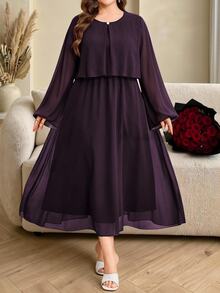 Modelyn Women's Waist-Cinching Minimalist Elegant Pearl Button Decorated Ruffle Long Sleeve Full Skirt Chiffon Flowy Party Dress - Purple - View 3