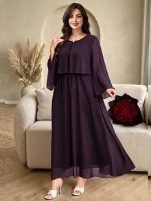 Modelyn Women's Waist-Cinching Minimalist Elegant Pearl Button Decorated Ruffle Long Sleeve Full Skirt Chiffon Flowy Party Dress - Purple - View 4