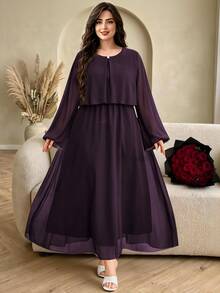Modelyn Women's Waist-Cinching Minimalist Elegant Pearl Button Decorated Ruffle Long Sleeve Full Skirt Chiffon Flowy Party Dress - Purple - View 5