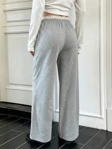 SHEIN Sparklyn 經典休閒長褲 春季/秋季 雙層腰頭 簡約舒適運動衫布料 適合居家、街頭、運動，可自由搭配外套與上衣展現青春活力 - 灰色 - 查看 2