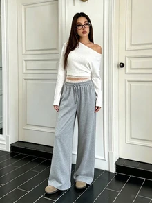 SHEIN Sparklyn 經典休閒長褲 春季/秋季 雙層腰頭 簡約舒適運動衫布料 適合居家、街頭、運動，可自由搭配外套與上衣展現青春活力 - 灰色 - 查看 4