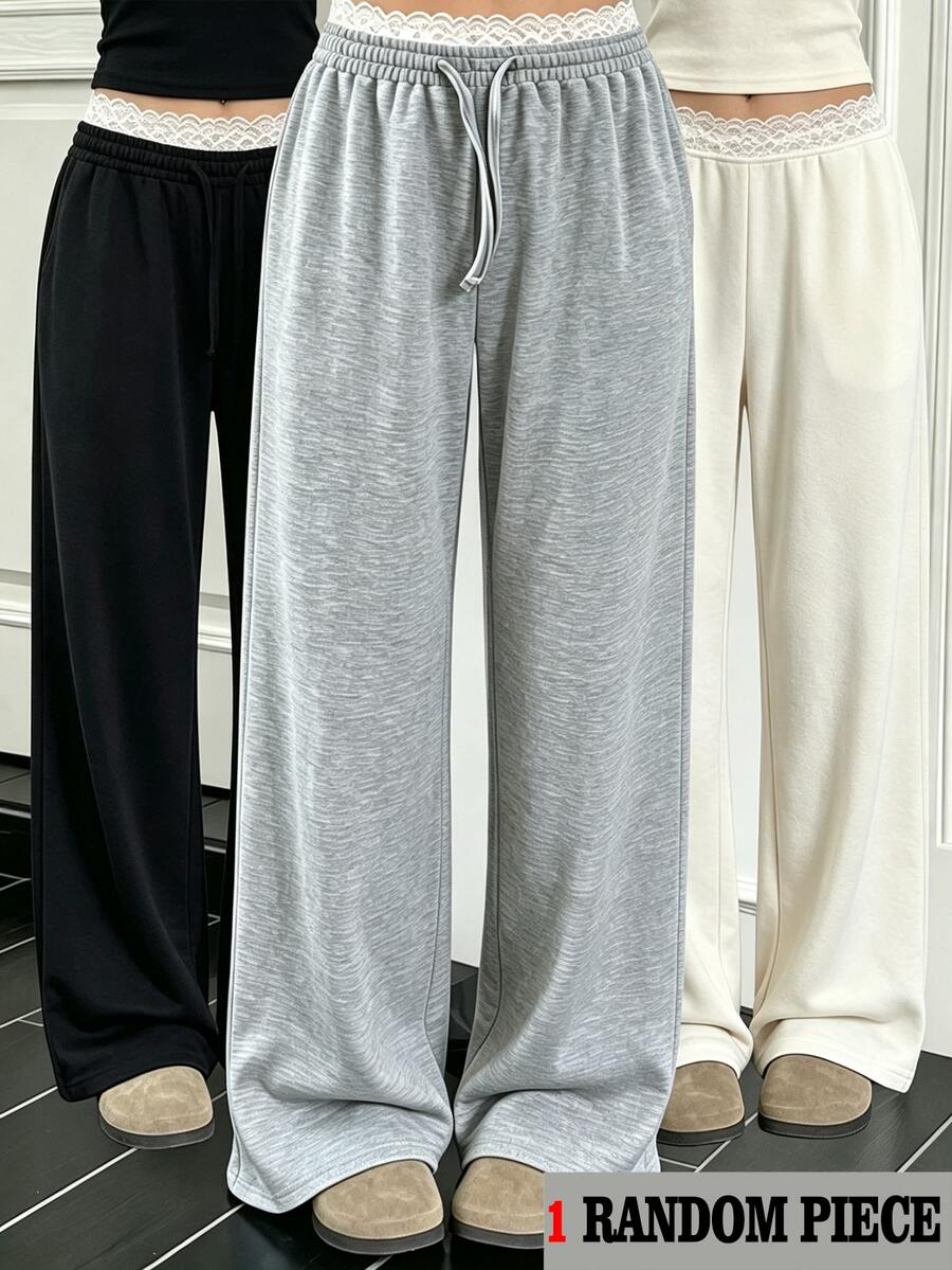 SHEIN Sparklyn 經典休閒長褲 春季/秋季 雙層腰頭 簡約舒適運動衫布料 適合居家、街頭、運動,可自由搭配外套與上衣展現青春活力 - 灰色 - 查看 1