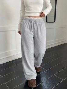 SHEIN Sparklyn 經典休閒長褲 春季/秋季 雙層腰頭 簡約舒適運動衫布料 適合居家、街頭、運動，可自由搭配外套與上衣展現青春活力 - 灰色 - 查看 5