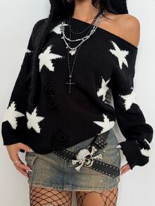StreetHx Women's Autumn Winter Lazy Streetwear Grunge Goth Distressed Design Star Pattern Asymmetrical Shoulder Pullover Sweater Halloween Night Black White - Multicolor - View 5