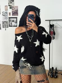 StreetHx Women's Autumn Winter Lazy Streetwear Grunge Goth Distressed Design Star Pattern Asymmetrical Shoulder Pullover Sweater Halloween Night Black White - Multicolor - View 7