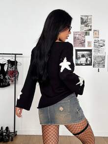 StreetHx Women's Autumn Winter Lazy Streetwear Grunge Goth Distressed Design Star Pattern Asymmetrical Shoulder Pullover Sweater Halloween Night Black White - Multicolor - View 2