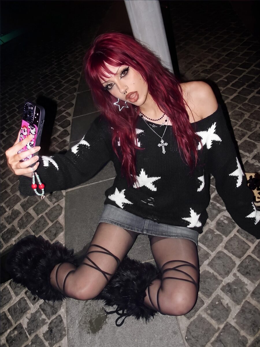 StreetHx Women's Autumn Winter Lazy Streetwear Grunge Goth Distressed Design Star Pattern Asymmetrical Shoulder Pullover Sweater Halloween Night Black White - Multicolor - View 1