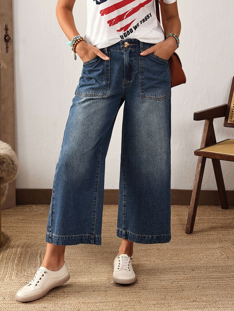 EMERY ROSE Women's Pocket Design Wide Leg Loose Casual Versatile Cropped Jeans - Blue - View 9