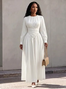 Eryvara Women's Fall White Fashion Lantern Sleeve Ruched Cinched Waist Elegant Flared Long Dress, Suitable For Dating, Vacation, Party And Gathering - White - View 5