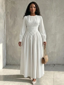 Eryvara Women's Fall White Fashion Lantern Sleeve Ruched Cinched Waist Elegant Flared Long Dress, Suitable For Dating, Vacation, Party And Gathering - White - View 7