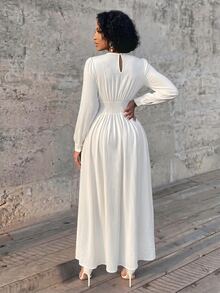 Eryvara Women's Fall White Fashion Lantern Sleeve Ruched Cinched Waist Elegant Flared Long Dress, Suitable For Dating, Vacation, Party And Gathering - White - View 3