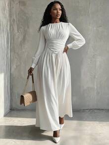 Eryvara Women's Fall White Fashion Lantern Sleeve Ruched Cinched Waist Elegant Flared Long Dress, Suitable For Dating, Vacation, Party And Gathering - White - View 8