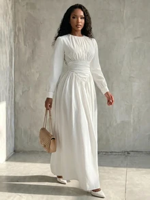 Eryvara Women's Fall White Fashion Lantern Sleeve Ruched Cinched Waist Elegant Flared Long Dress, Suitable For Dating, Vacation, Party And Gathering - White - View 6