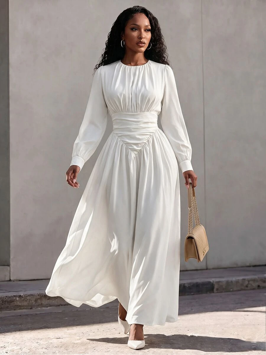 Eryvara Women's Fall White Fashion Lantern Sleeve Ruched Cinched Waist Elegant Flared Long Dress, Suitable For Dating, Vacation, Party And Gathering