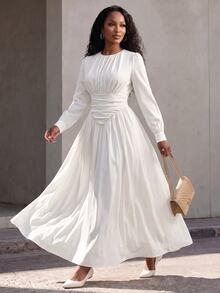 Eryvara Women's Fall White Fashion Lantern Sleeve Ruched Cinched Waist Elegant Flared Long Dress, Suitable For Dating, Vacation, Party And Gathering - White - View 10