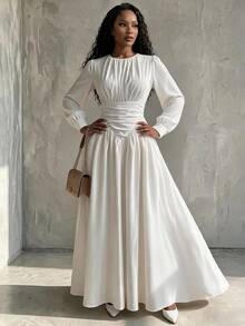Eryvara Women's Fall White Fashion Lantern Sleeve Ruched Cinched Waist Elegant Flared Long Dress, Suitable For Dating, Vacation, Party And Gathering - White - View 9