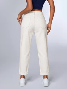SHEIN PETITE 女款休閒通勤極簡純色緊身牛仔褲 日常穿著 象牙白 夏季 小個子女款 - 米色 - 查看 2