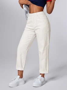 SHEIN PETITE 女款休閒通勤極簡純色緊身牛仔褲 日常穿著 象牙白 夏季 小個子女款 - 米色 - 查看 5