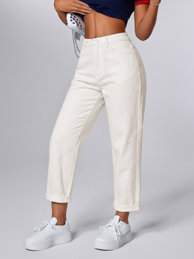 SHEIN PETITE Women's Casual Commuting Minimalist Solid Color Skinny Jeans Everyday Off-White Summer ,Petite Women - Beige - View 5