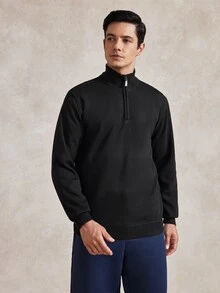 Courvante 男士黑色冬季基本款休閒工作長袖保暖內裡套頭毛衣，純色素面針織加厚抓絨保暖毛衣，秋冬季 - 純黑 - 查看 5