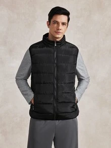 Courvante Herr västjacka med ginghamfoder, dragkedja, enfärgad, casual quiltad jacka för utgång, höst och vinter, affärsbruk och daglig pendling - Svart - Visa 1