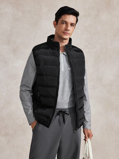 Courvante Men Gingham Lined Zip Up Vest Jacket Plain Husband Going Out Casual Quilted Jacket, For Fall Winter Business Daily Commute‌