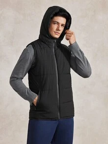 Courvante Men Zip Up Sleeveless Hooded Padded Coat Plain Going Out Basic Quilted Jacket, For Fall Winter Business Daily Commute‌ - Black - View 5
