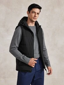 Courvante Men Zip Up Sleeveless Hooded Padded Coat Plain Going Out Basic Quilted Jacket, For Fall Winter Business Daily Commute‌ - Black - View 1