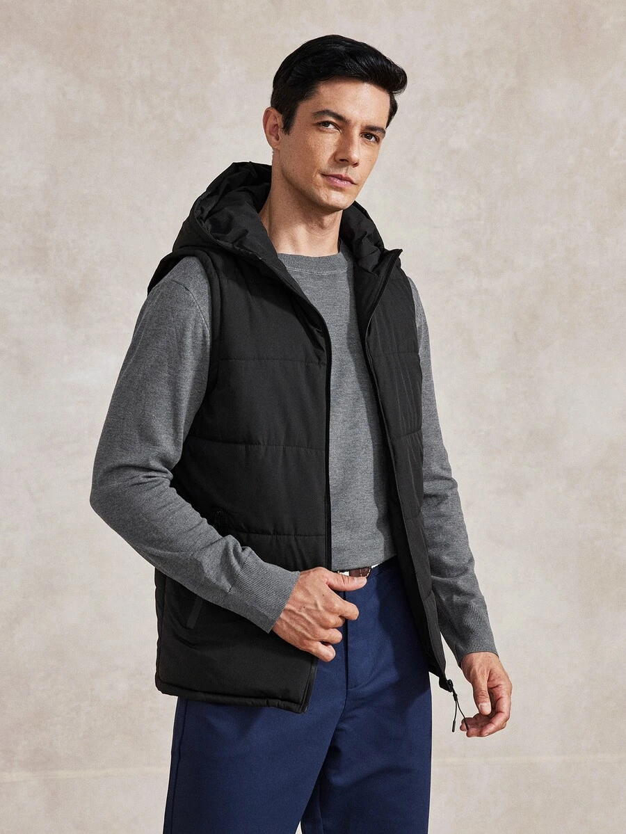 Courvante Men Zip Up Sleeveless Hooded Padded Coat Plain Going Out Basic Quilted Jacket, For Fall Winter Business Daily Commute - Black - View 1