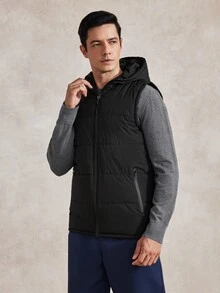 Courvante Men Zip Up Sleeveless Hooded Padded Coat Plain Going Out Basic Quilted Jacket, For Fall Winter Business Daily Commute‌ - Black - View 4