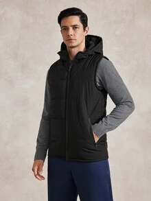 Courvante Men Zip Up Sleeveless Hooded Padded Coat Plain Going Out Basic Quilted Jacket, For Fall Winter Business Daily Commute‌ - Black - View 6