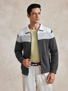 Courvante Men's Minimalist Versatile Zip-Up Striped Colorblock Long Sleeve Sweatshirt Fall - Multi-Color - View 4