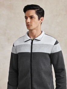 Courvante Men's Minimalist Versatile Zip-Up Striped Colorblock Long Sleeve Sweatshirt Fall - Multi-Color - View 6