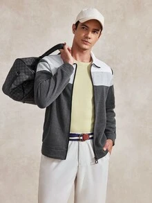 Courvante Men's Minimalist Versatile Zip-Up Striped Colorblock Long Sleeve Sweatshirt Fall - Multi-Color - View 1